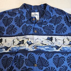 Guy Harvey Large Mens Short Sleeve Button Shirt Aftco Bluewater Leaves Sail Fish